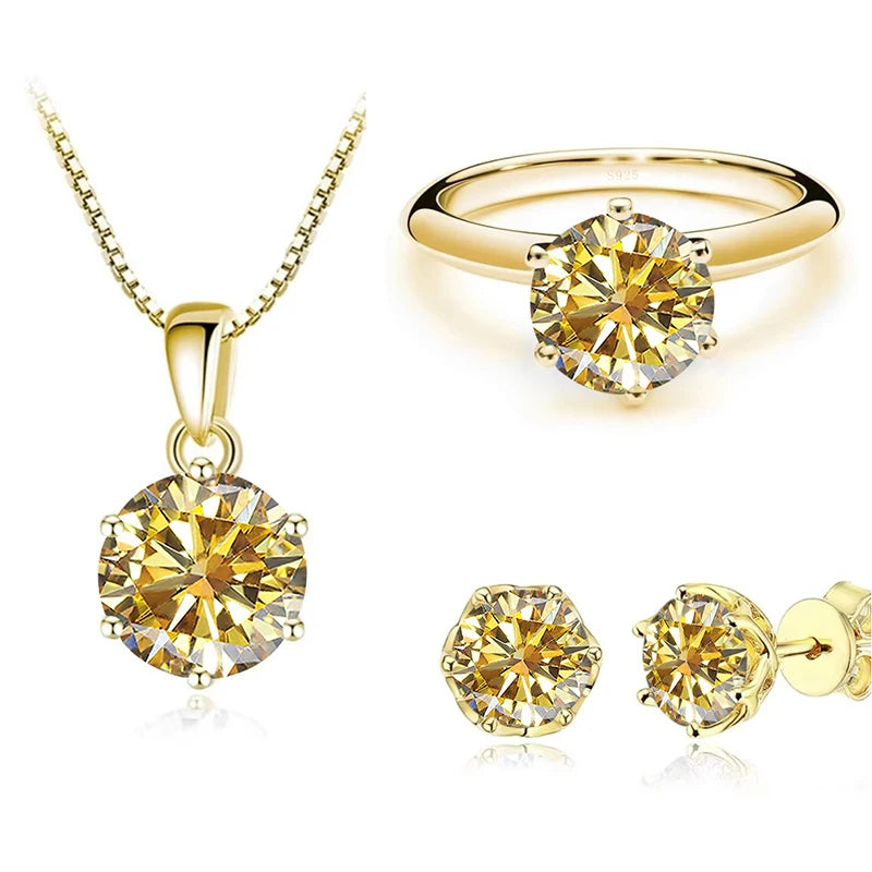 1Carat Moissanite Jewelry Set For Women Sterling S925 Silver Gold Plated Necklace Earrings Ring GRA Certified Wedding