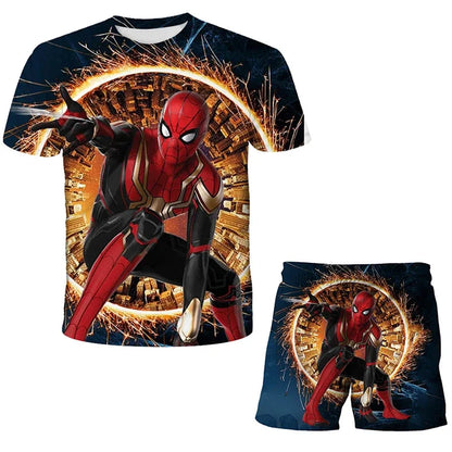 Kids Summer Tshirt Set Boys Spider-Man Trendy 2 Piece Hulk Iron Man Spiderman Outfit