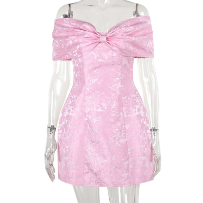 Fashionable And Sweet Slim Fit Jacquard Strapless Tie Bow One Shoulder Short Skirt American Sexy Temperament Solid Color Dresses
