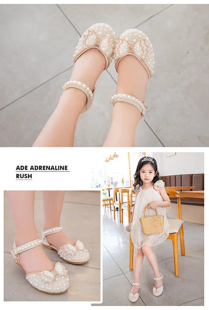 2026 Spring New Girl Sandals Cute Bow Pearl Sequins Kid Princess Shoes Flat Heels children Dancing 21-34