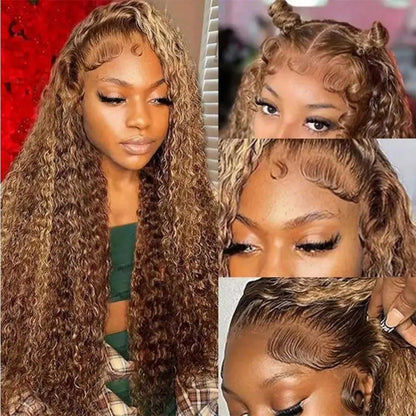 30 34 Inch Highlight 4/27 Ombre Honey Blonde Deep Wave 13x4 HD Lace Frontal Wig 250% Density Glueless Curly Human Hair Wig