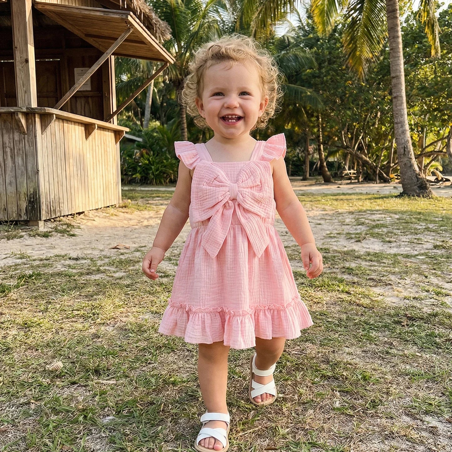 Toddler Kids Baby Girls Summer Casual Dress Princess Girls Solid Cotton Linen Fly Sleeve Bowknot Holiday Party Dress Sundress