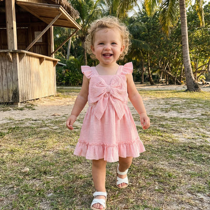 Toddler Kids Baby Girls Summer Casual Dress Princess Girls Solid Cotton Linen Fly Sleeve Bowknot Holiday Party Dress Sundress