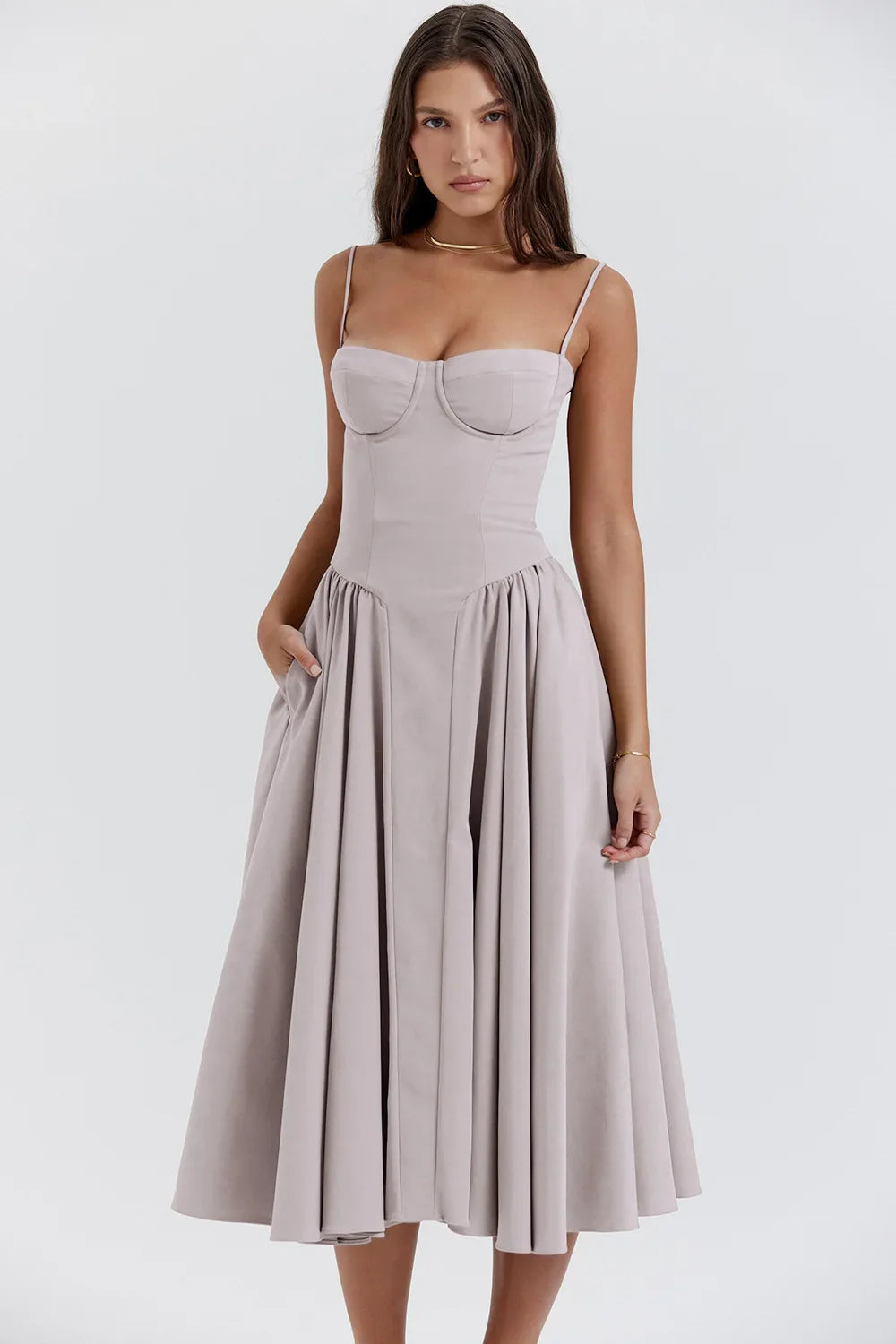 Women Elegant Sleeveless Backless Pleated Dresses Lady Sexy Solid Sling Midi Dress 2024 Female Party Evening A-line Robes