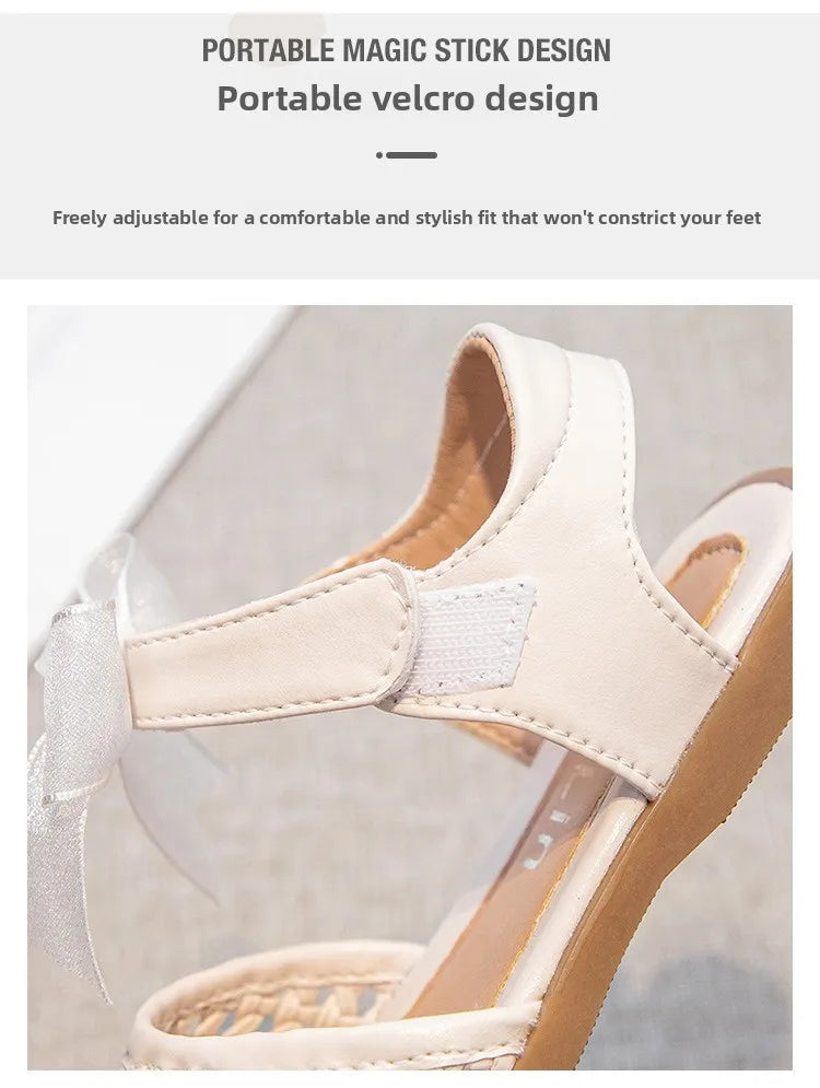 Children's Sandals Summer New Elegant Girls Princess Shoes Woven Style Beach Causal Kids Flat Sandals Solid Color Versatile
