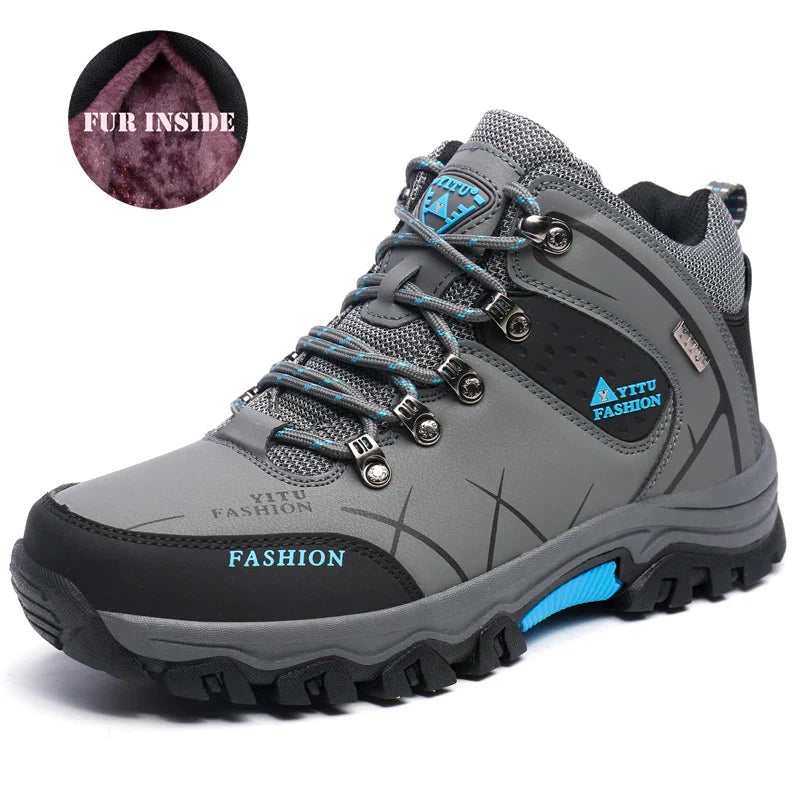 Winter Warm Cotton Shoes Men Outdoor Leather Black Casual Shoes Fur Sneakers High Top Rubber Ankle Boots Male Hiking Trekking 46