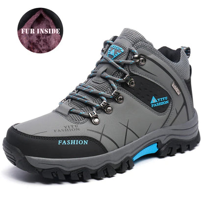 Winter Warm Cotton Shoes Men Outdoor Leather Black Casual Shoes Fur Sneakers High Top Rubber Ankle Boots Male Hiking Trekking 46