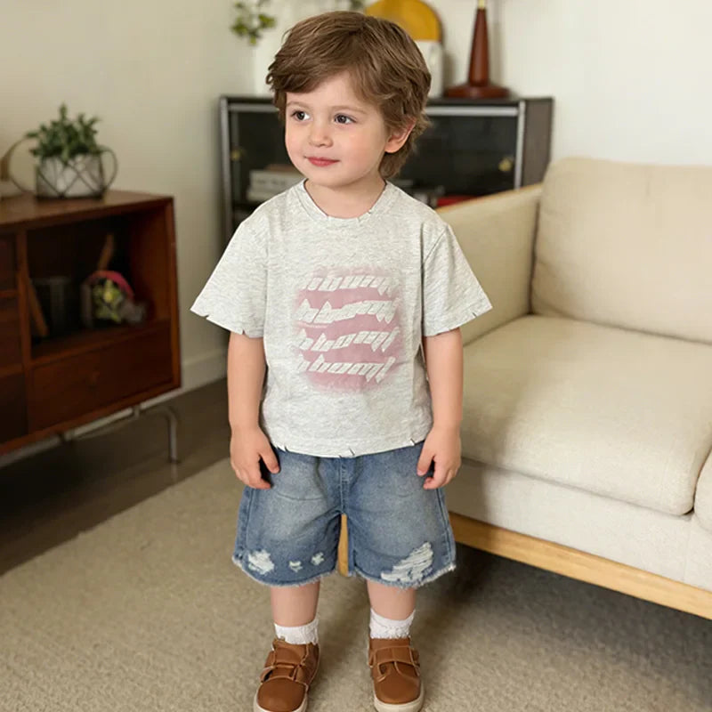 Toddler Boys 2Pcs Summer Outfits Letter Print Short Sleeve T-Shirt Ripped Denim Shorts Set Kids Boys Casual Daily Clothes 2-6Y