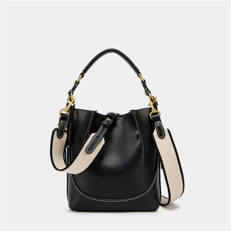 New Women's Large Capacity Bucket Bags with Wide Shoulder Strap Single Shoulder Handbag Drawstring Handheld Crossbody Bags