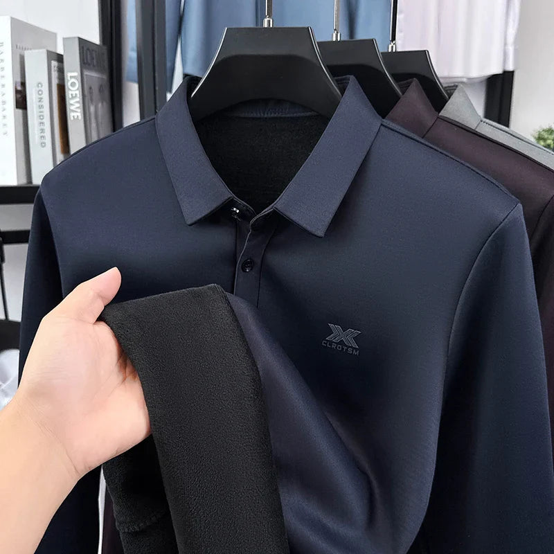 2025 Winter Men's Fashion New Collection with Velvet Long Sleeve T-shirt, Collar with Mulberry Silk and Wool Warmth POLO Sweater