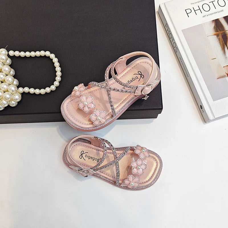 Girls Princess Sandals Children Summer Beach Shoes Soft Bottom Anti-slippery Fashion Kids Flowers Rhinestone Sandals Size 23-36