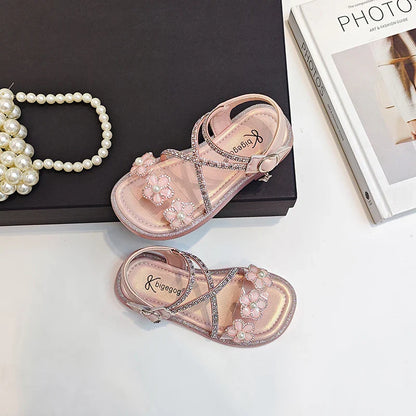 Girls Princess Sandals Children Summer Beach Shoes Soft Bottom Anti-slippery Fashion Kids Flowers Rhinestone Sandals Size 23-36