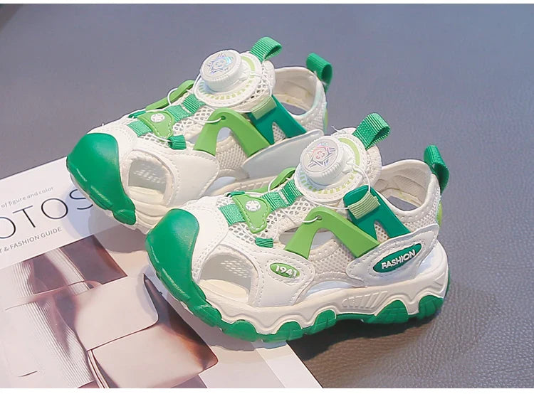 Kids Shoes Rotating Button Closed-Toe Boys Sandals Breathable Mesh Sport Shoes for Boys, Non-Slip Children Summer Sneakers