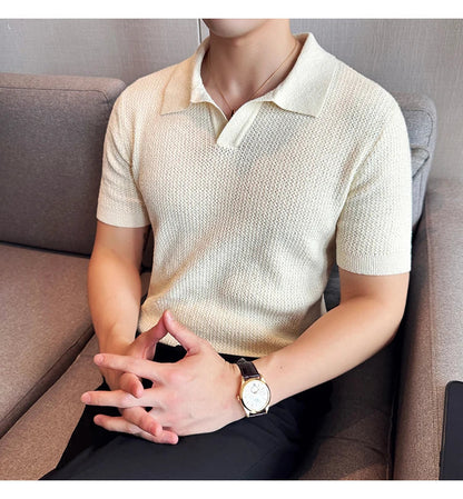 Hollow Knitted Short-Sleeved T-shirt, V-neck Brown Polo Shirt, High-End Quality, Cool, Luxury Genuine Goods，Slim Top