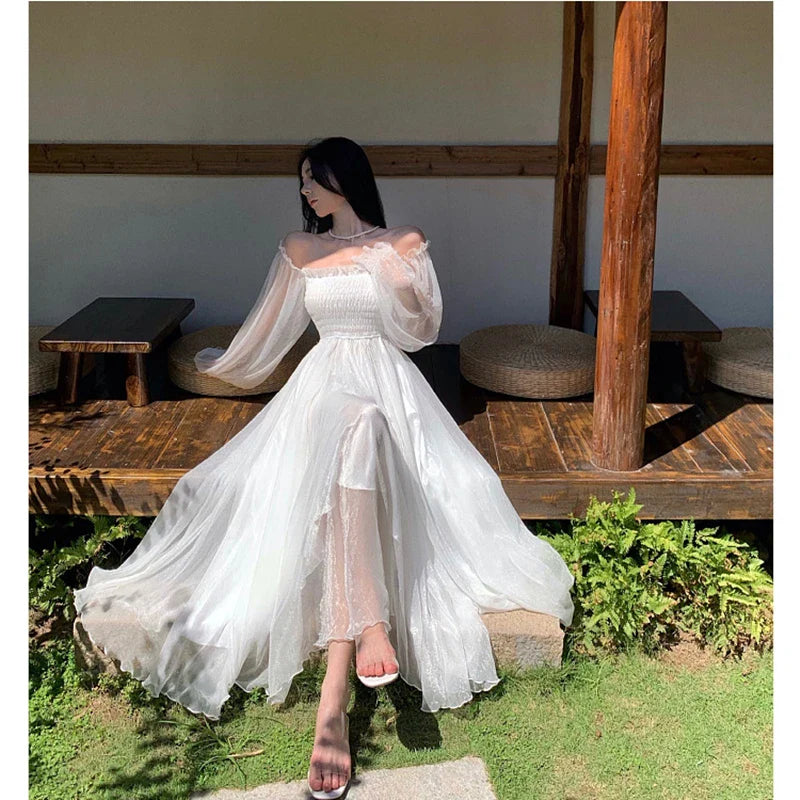 Elegant Maxi Dresses For Women White Off Shoulder Puff Long Sleeve Elastic High Waist Party Gown Ruffle Holiday Dress