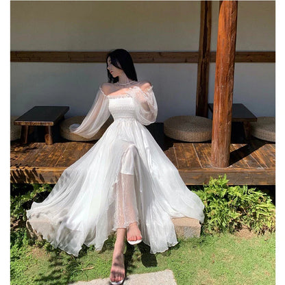 Elegant Maxi Dresses For Women White Off Shoulder Puff Long Sleeve Elastic High Waist Party Gown Ruffle Holiday Dress