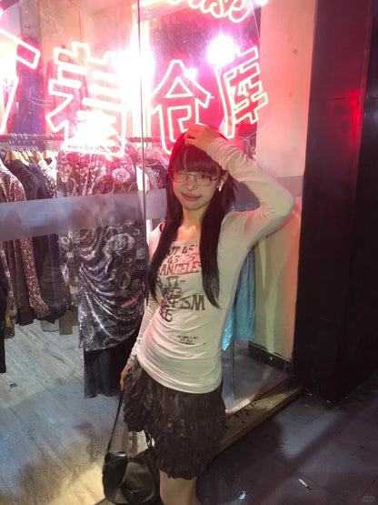 Karrram Camiseta Japonesa Y2k com Estampa de Letras Trashy Estilo Anos 2000 Blusas Caneladas de Manga Comprida Vintage Harajuku Streetwear Retrô Americano