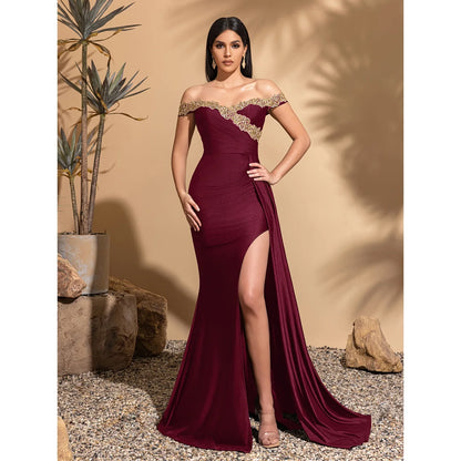 Off-the-shoulder lace neckline, pleated waist and side ribbon slit dress