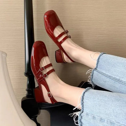2025 Burgundy Mary Janes Square-Toe Double-Buckle Patent Leather Chunky Heel Shoes with Jean Styling