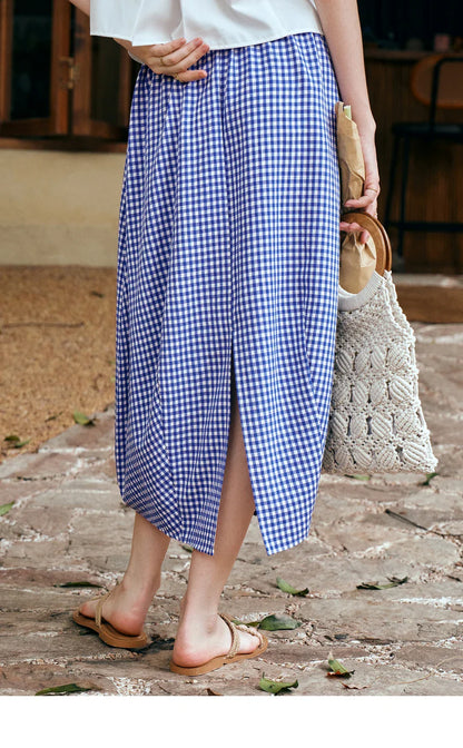 Women's Summer 2026 Midi Elastic Waistband Skirt Elegant Office Ladies Blue Plaid BUD Skirt Female Clothes O57XB99598