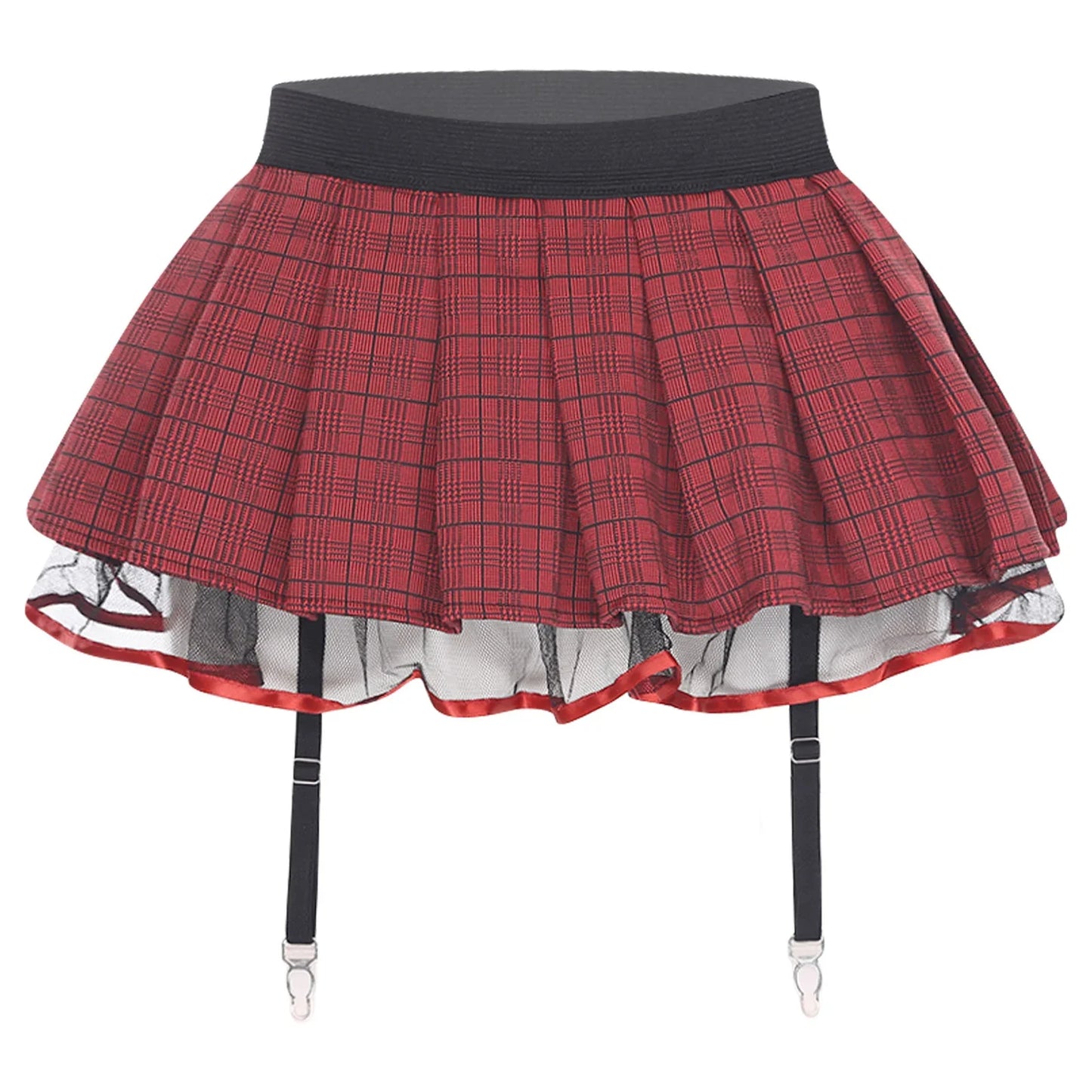 Women's Miniskirt with Garters Schoolgirl Cosplay Costume Plaid Layer with Tulle Lining Elastic Waistband Short Skirt Clubwear
