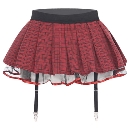 Women's Miniskirt with Garters Schoolgirl Cosplay Costume Plaid Layer with Tulle Lining Elastic Waistband Short Skirt Clubwear
