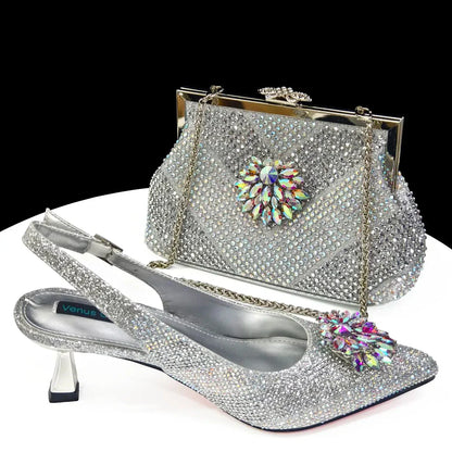 Italian Shoes and Bags Matching Set 2024 Silver Color Rhinestone Fashion High Heels for Women Pointed Toe Pumps