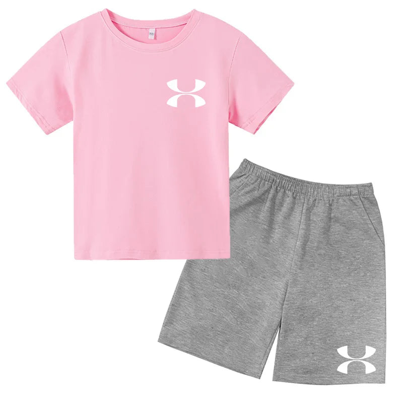 Fashion Two-Piece Casual t-shirt Set Kids  Summer Sports Short-Sleeved Boy Girl 3-13Yrs  T-shirt +Shorts