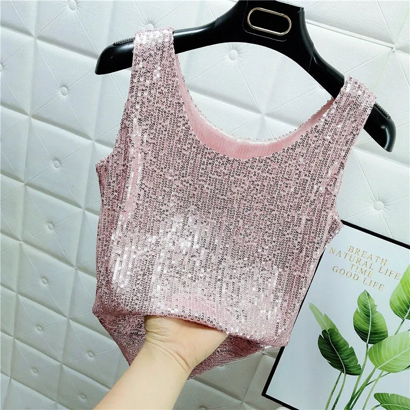 Sparkling Sequins Round Neck Vest Women's Outer Wear 2022 Summer New Bright Silk Fashion Glitter Bottoming Shirt Suspender Top
