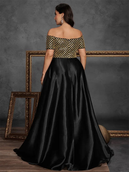 Plus Size Elegant Short Sleeve Sequins Splicing Formal Evening Dresses Women Luxury Party Bridesmaid Cocktail Gowns