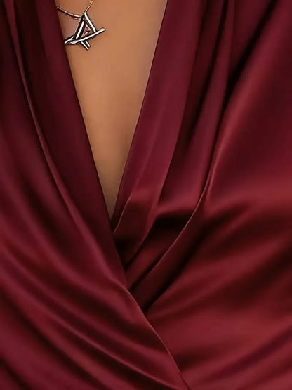 Autumn high-end professional temperament satin V-neck design versatile top women