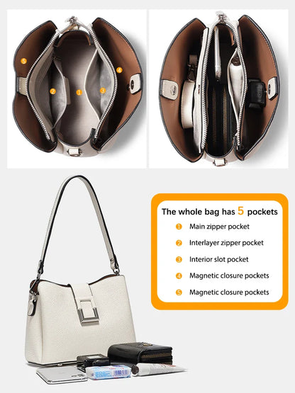 Genuine Leather White Designer Noble Shopper Shoulder Bag Commuter Large Bucket Handbag Women Tote Bucket Cross Body Bag