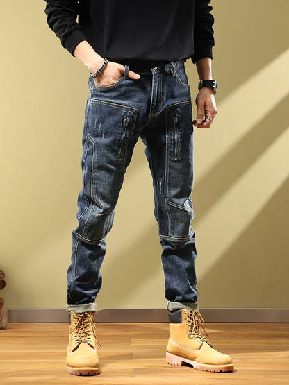 Man Cowboy Pants with Pockets Men's Jeans Motorcycle Tapered Trousers Straight Retro Trend 2025 Classic Stylish Goth Denim Buggy