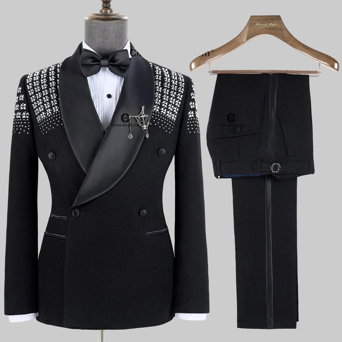 Elegant Men's Suits Double-Breasted Jewelry Ornament Handmade Tuxedo for Wedding Groom Party Jacket Pants
