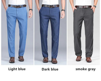 2026 New Men's Summer Jeans Thin Loose Stretch Large Size Ice Silk Straight Pants Elite Business Casual Pants Smoke Gray Blue