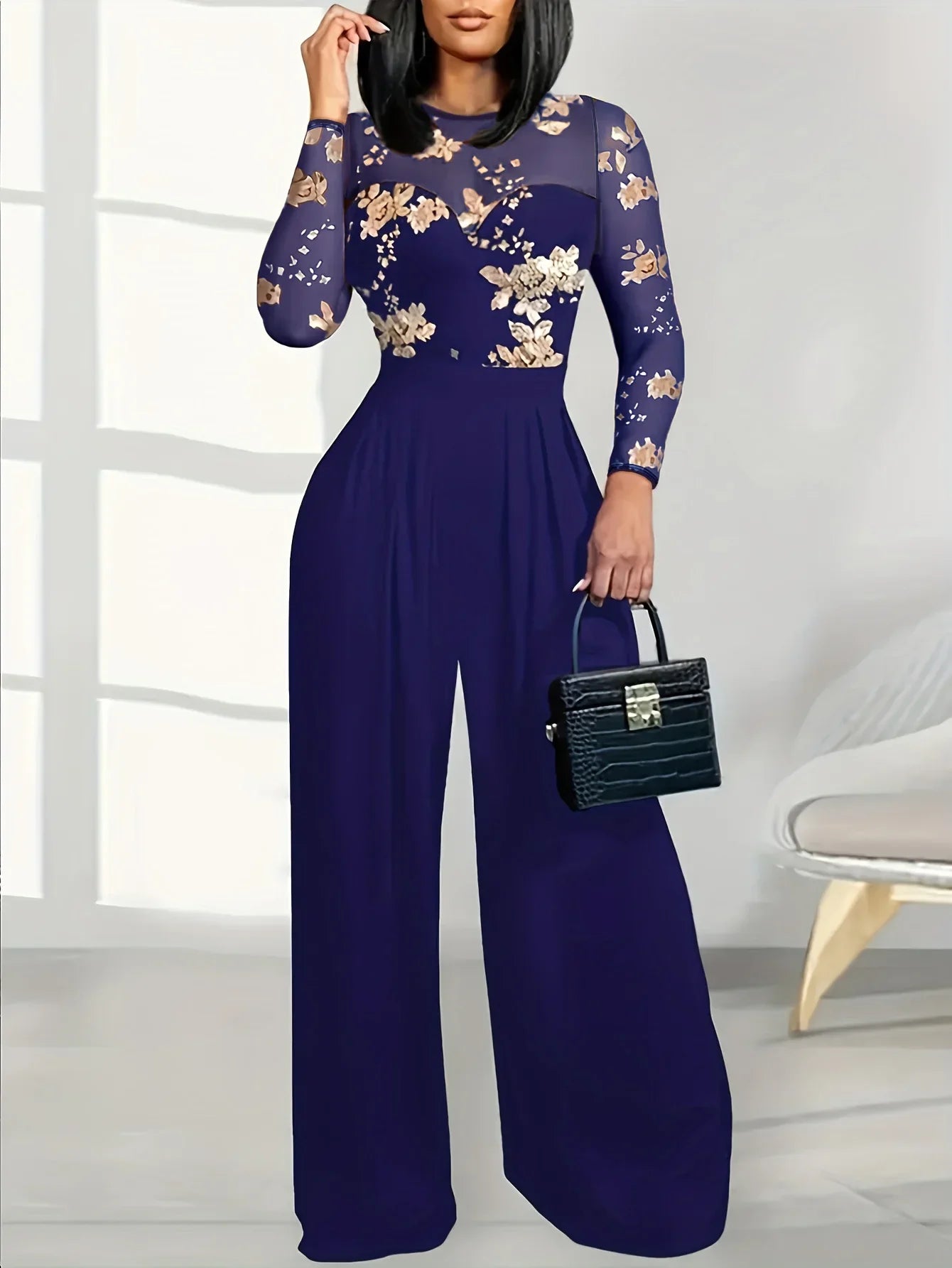 Women's Black Jumpsuit with Sheer Floral Embroidered Top Wide Leg Design Ideal for Evening Galas Cocktail Parties Formal Events