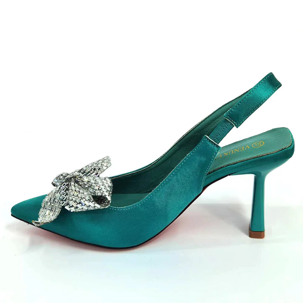 Italian Design Elegant Fuchsia Bow Rhinestone Pumps with Pointed Toe for Women 2024 Party Shoes and Bags Matching Set