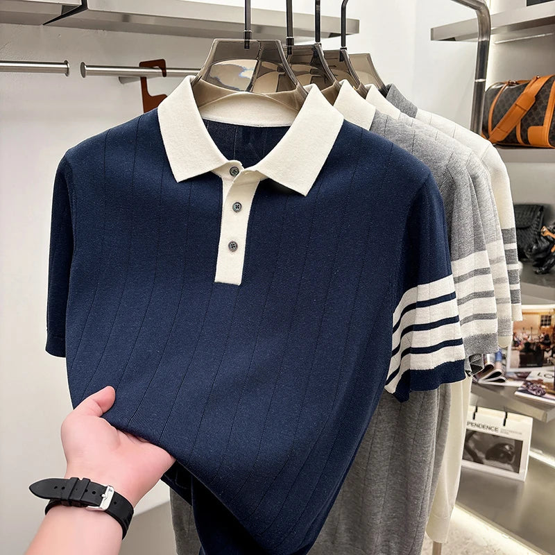 2026 Men's Short Sleeved Polo Shirt with High-end Feel, Summer Thin Design, Knitted Collar, Linen T-shirt As Base