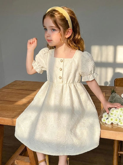 Girls' summer jacquard square neck dress with bubble sleeves, fashionable and sweet pearl buttons, half open collar