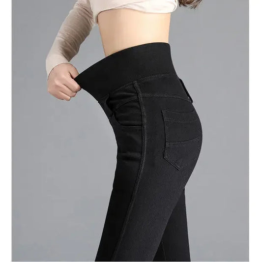 Woman Jeans Pants Elastic Waist High Waist Winter Stretch Feet Pants