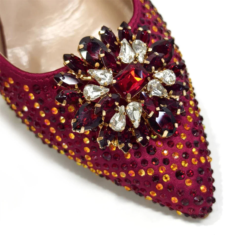 Pointed-Toe Rhinestone Pumps African Ladies Italian Shoe and Bag Set Designer