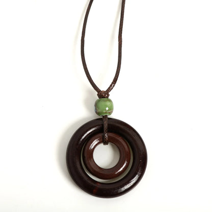 Handmade Wooden Circle Ceramic Pendant Necklace Adjustable Cord Unique Bohemian Jewelry for Men and Women 1 Piece S001160