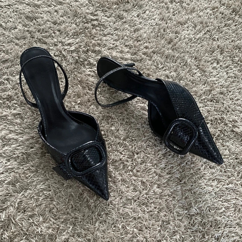 Fashion Black Leather Women Pumps Elegant Pointed Toe Office Work Ladies High Heeled Shoes 2025 Spring Dress Slingbacks Footwear