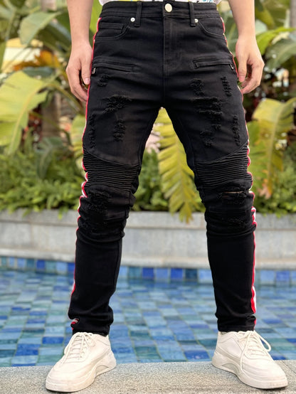 Y2K Men's Denim Hole-out Pants Patchwork Collection - Fashionable Trendy Street Hip-Hop Style Regular Fit Black Cotton Blend
