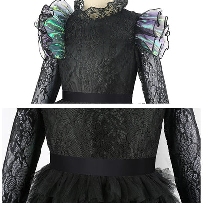 Halloween Witch Elphaba Costume Kids Purim Fantasy Outfits Girls Fancy Sets Children Long Sleeve Lace Ruffles Black Party Gown