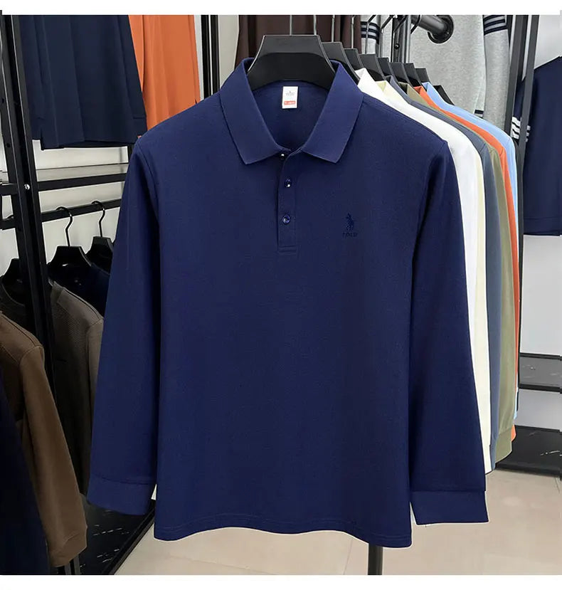 2025 autumn men's long sleeved T-shirt with a solid color polo shirt and a loose casual plus size base shirt