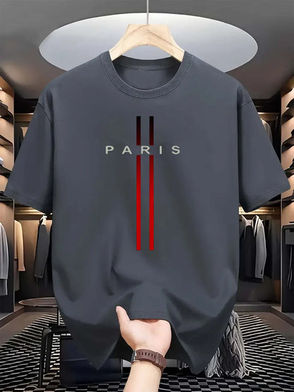 Men's 100% pure cotton summer casual loose fashion Paris letter printed comfortable round neck short sleeved T-shirt top