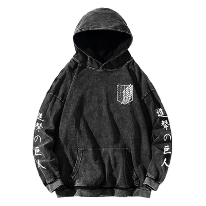 Attack on Titan Manga Hoodie Harajuku Sweatshirt Men Women Long Sleeve Streetwear Clothing Vintage Washed Cotton Hooded Pullover