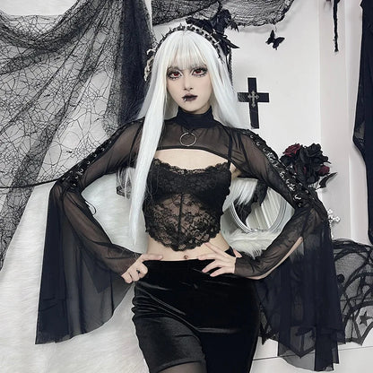 Black Mesh T-shirt Gothic Street Lace-up Punk Ring Flared Sleeves Eyelet Pullover Outer Harajuku Vintage Women Top
