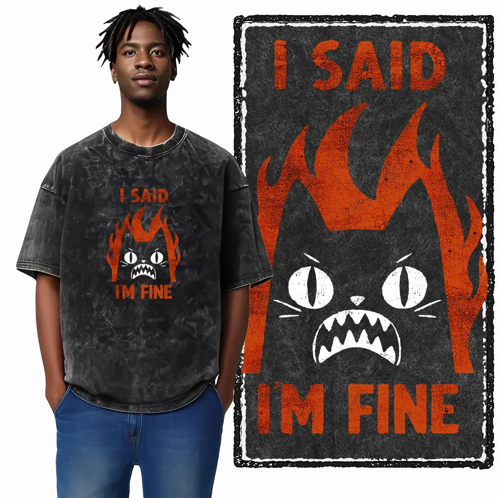 cat Printed Cotton Acid Washed Exclusive Graphic Unisex T Shirt Cool Streetwear Men Tshirts Big Size Tee for men